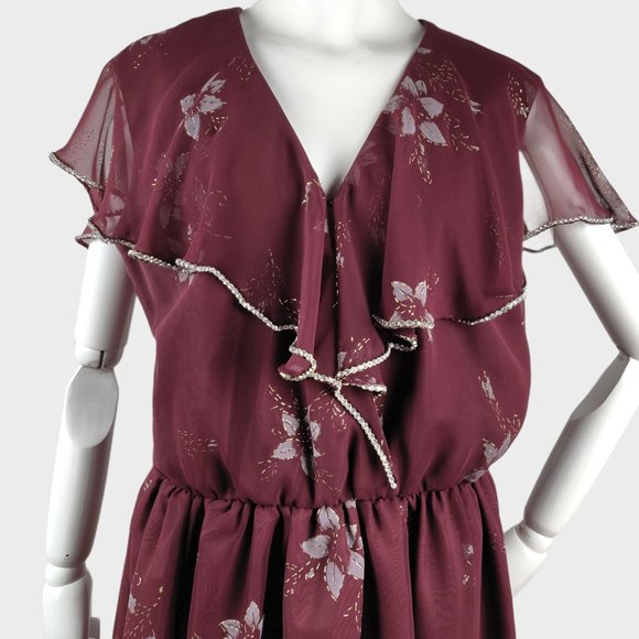 Vintage 1970s Romantic Sheer Ruffle Dress Burgundy Floral Rhinestone Trim Disco - Picture 4 of 12